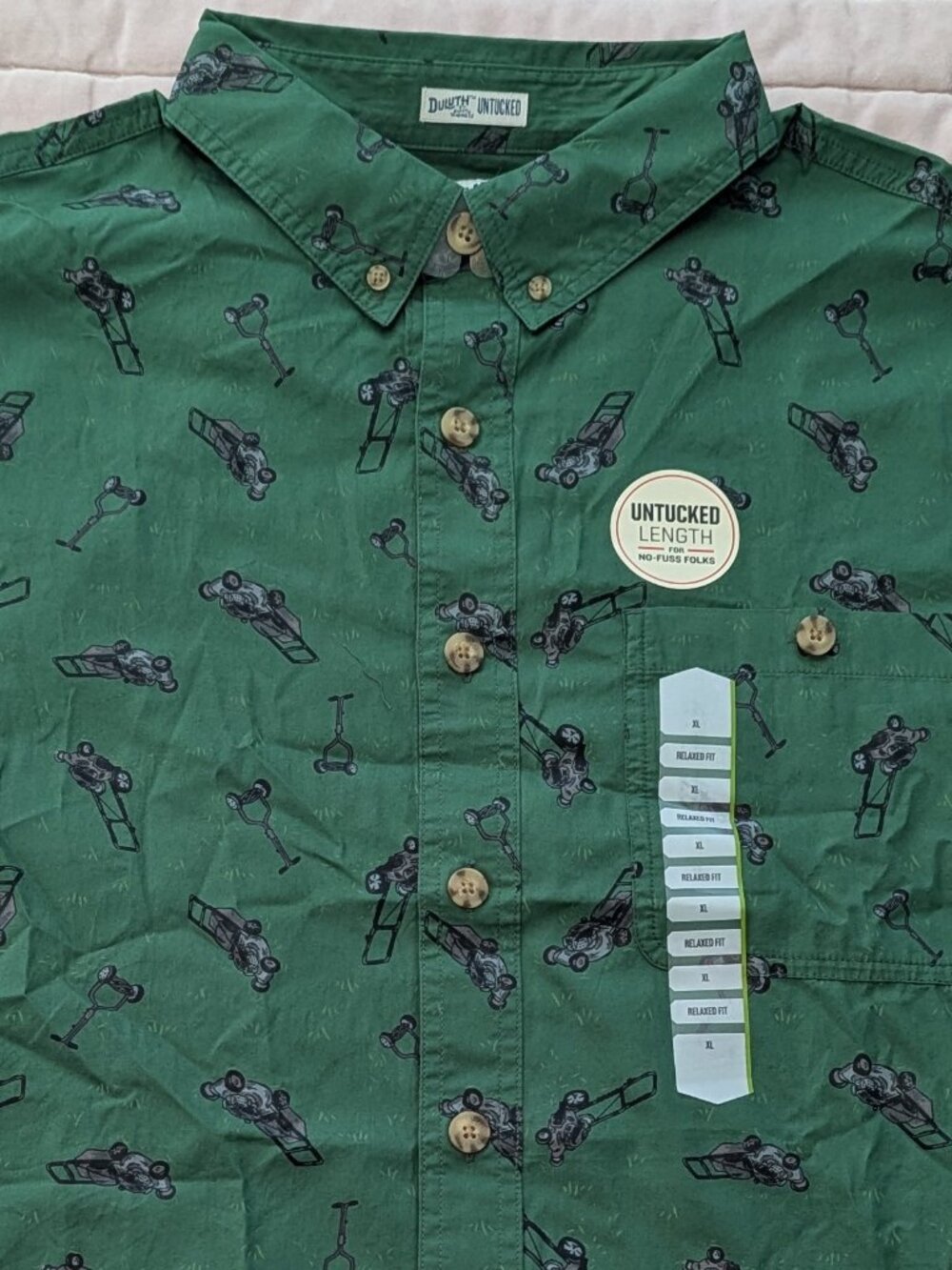 Duluth XL Short Sleeve Button Up Lawn Mower Print shirt